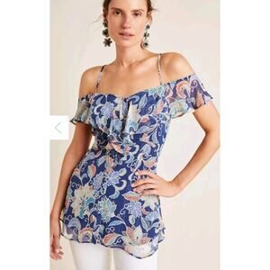 Anthropologie MAEVE Mariposa blue Floral Print top 4 ruffle open shoulder sale